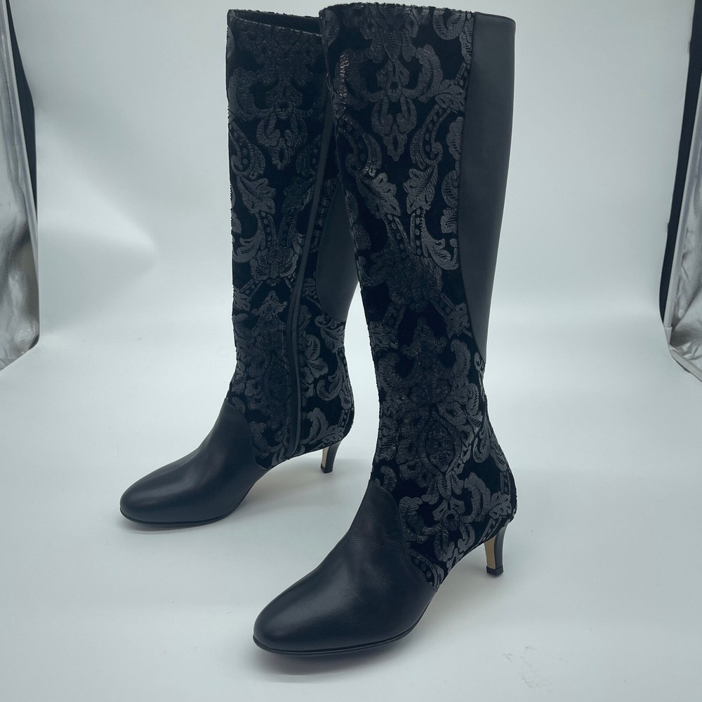 Moon D'elle Calante Black Floral Velvet Knee High Heel Boots Made in Italy 37.5